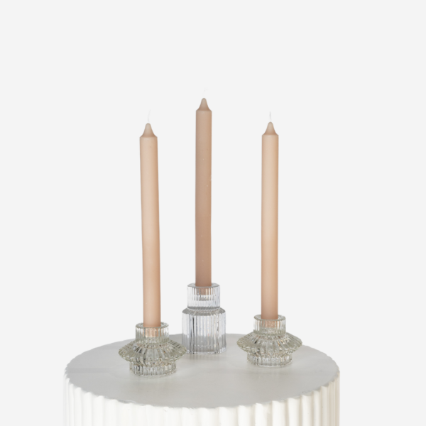 Clear Etched Glass Candle Holder Set With Latte Taper Trio 3