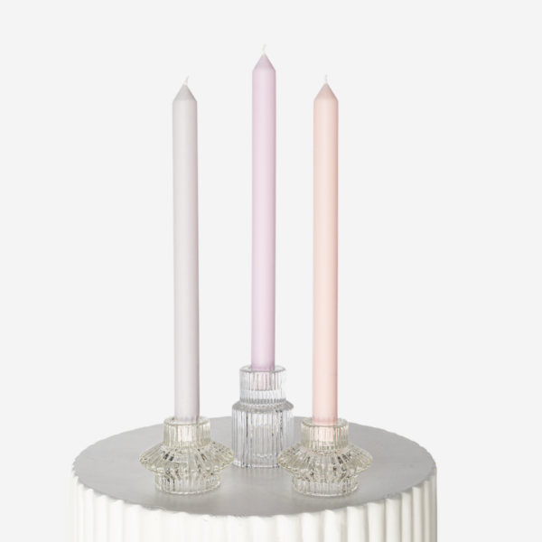 Clear Etched Glass Candle Holder Set With Soft Pastel Taper Trio 3