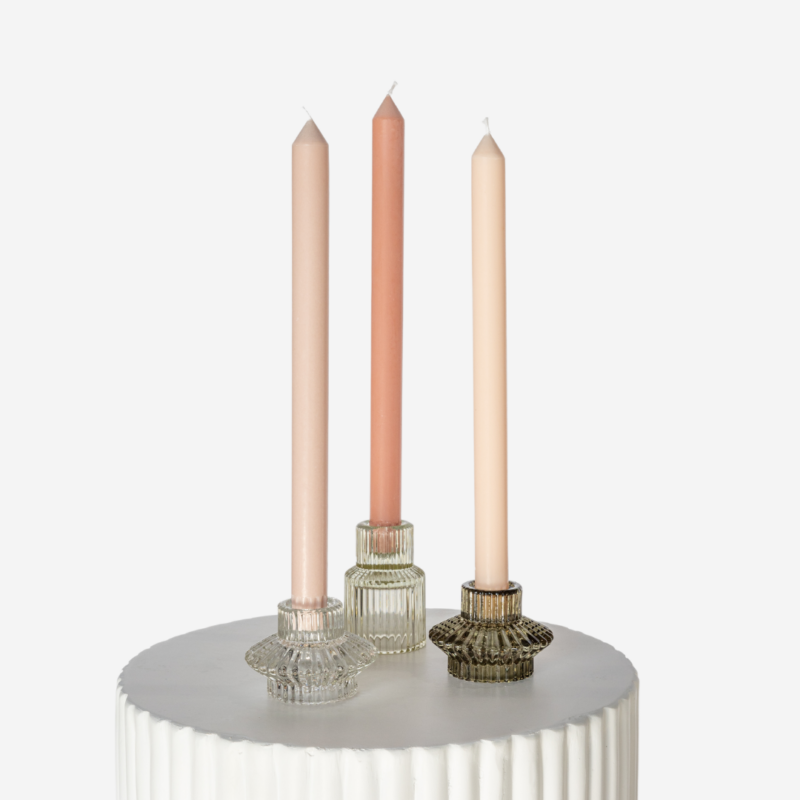 Forest Etched Glass Candle Holder Set With Antique Pink Taper Trio 3