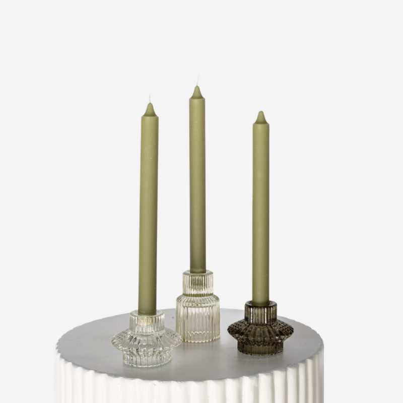 Forest Etched Glass Candle Holder Set With Moss Green Taper Trio 3