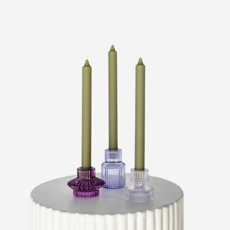 Lavender Etched Glass Candle Holder Set With Moss Green Taper Trio 3