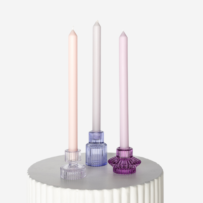 Lavender Etched Glass Candle Holder Set With Soft Pastel Taper Trio 3