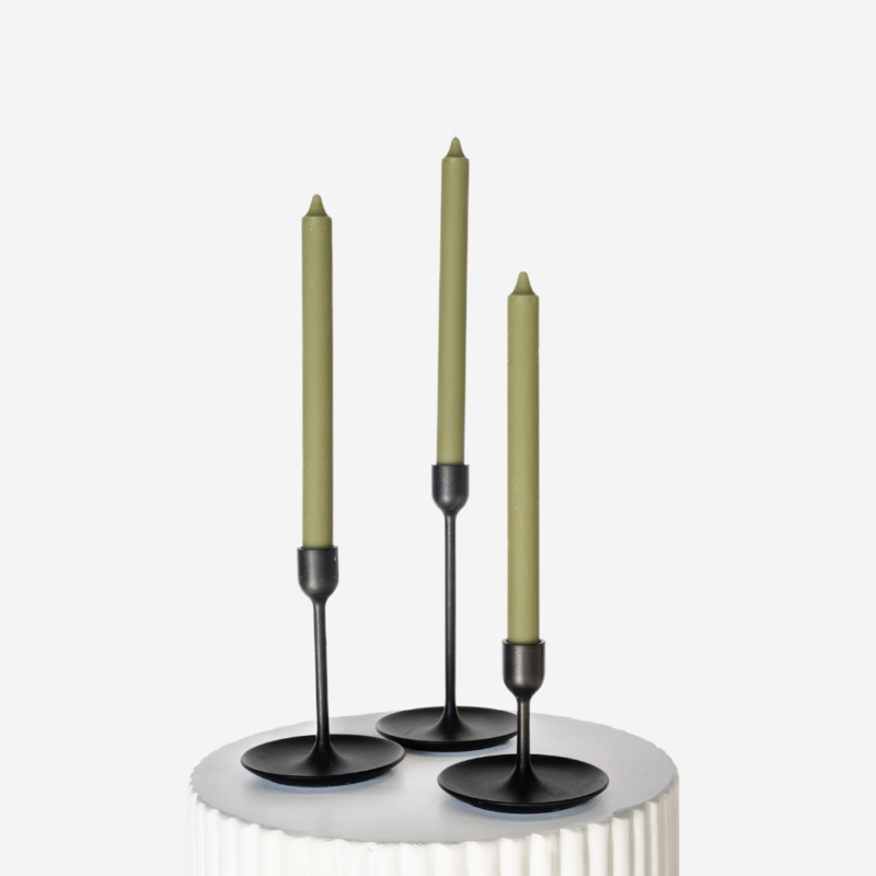 Matte Black Candlestick Set With Moss Green Taper Candle Trio 2