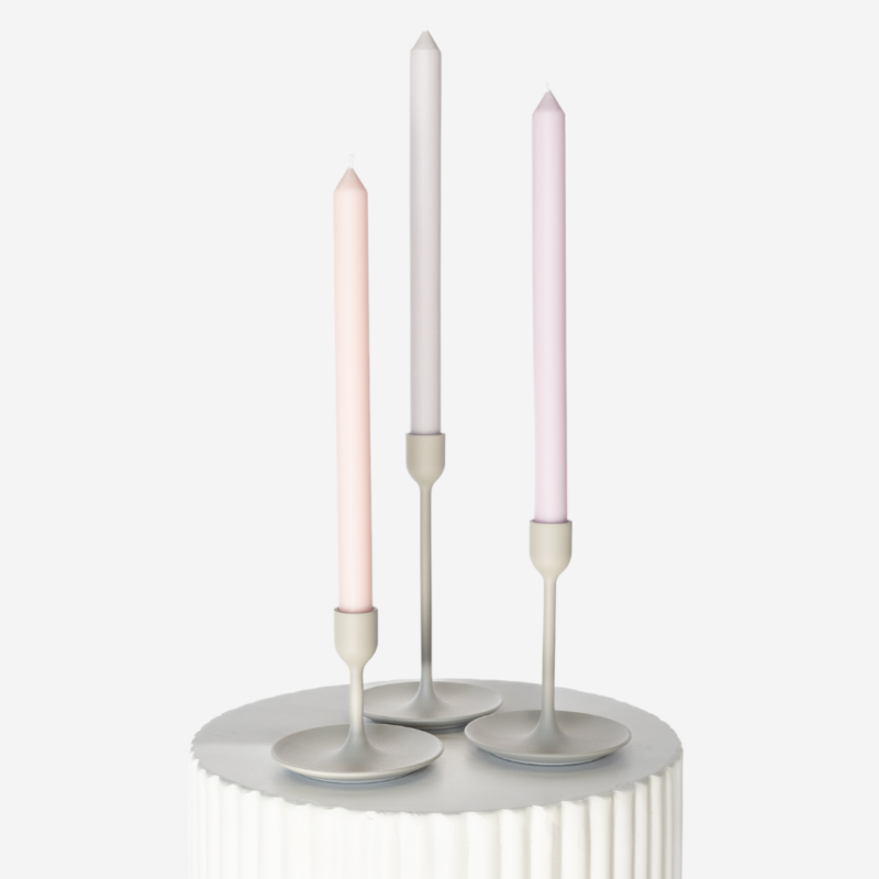 Matte Grey Candlestick Set With Soft Pastel Taper Candle Trio 2