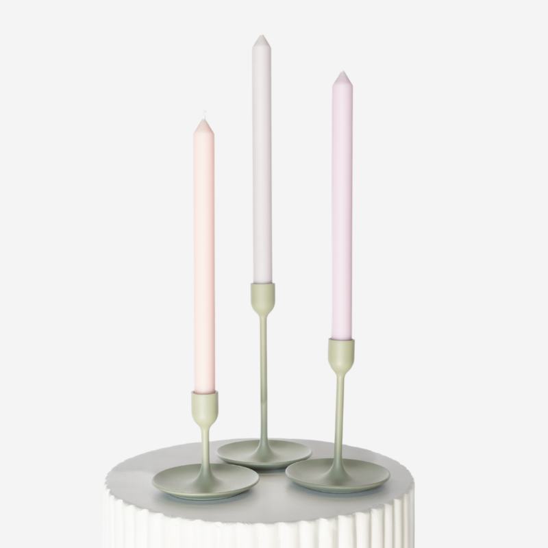 Matte Sage Green Candlestick Set With Soft Pastel Taper Candle Trio 2