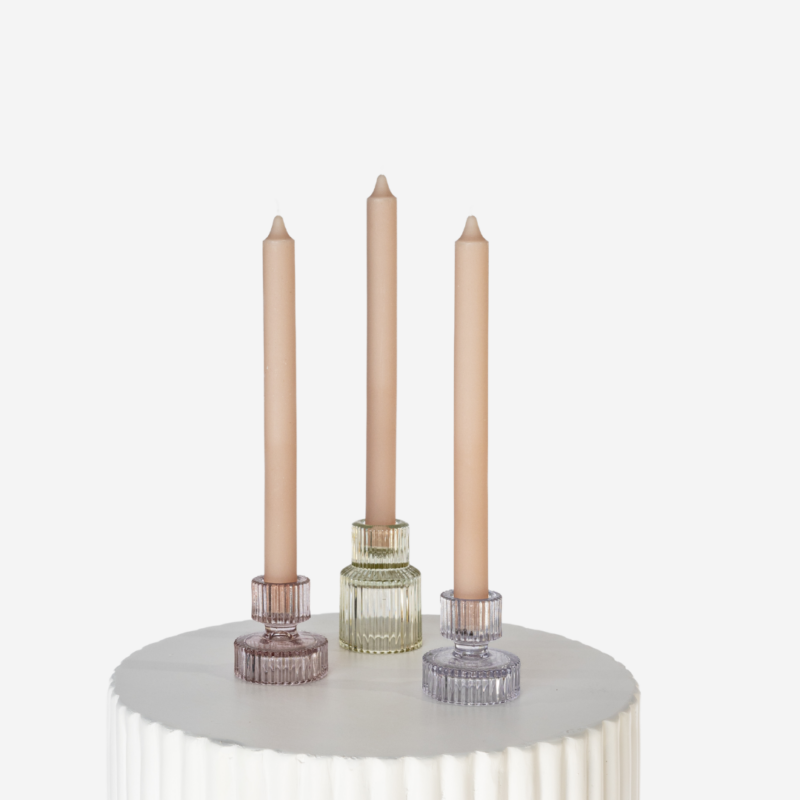 Pastel Etched Glass Candle Holder Set With Latte Taper Trio 3