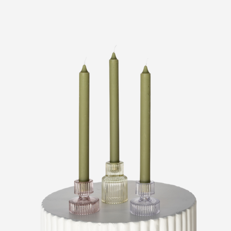 Pastel Etched Glass Candle Holder Set With Moss Green Taper Trio 3