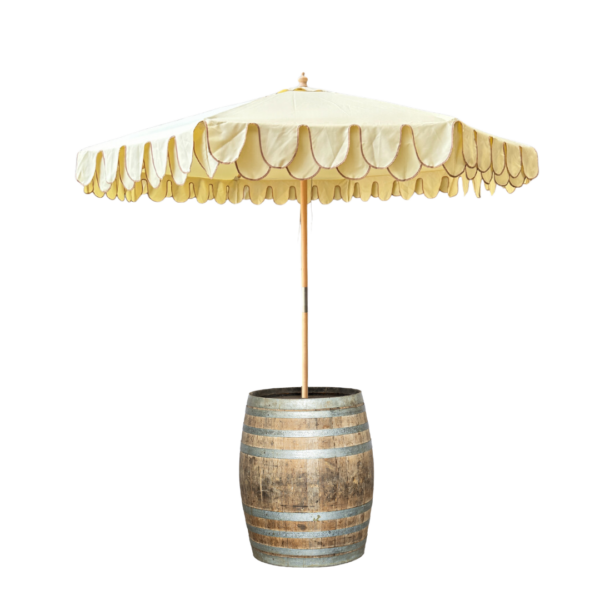 Amalfi Cream Trim Umbrella In Wine Barrel