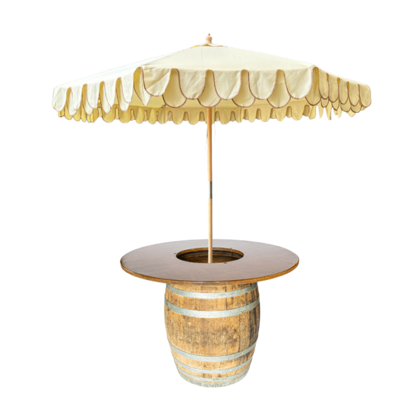 Amalfi Cream Trim Umbrella In Wine Barrel & Top