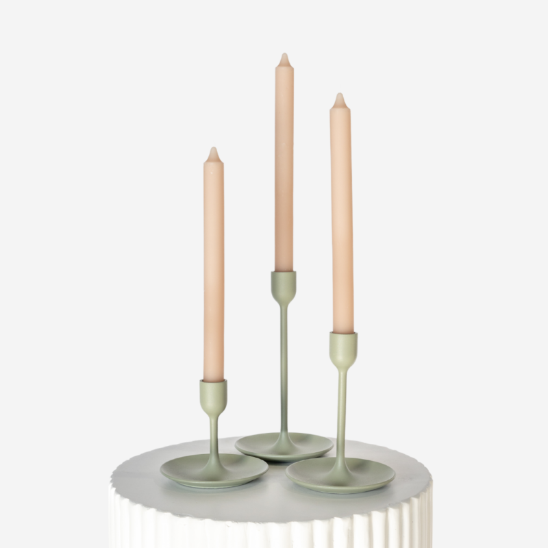 Matte Sage Candlestick Set With Latte Taper Candle Trio